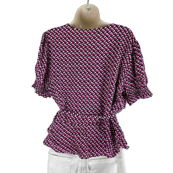 Diane von Furstenberg Emilia 3D Chain Printed Wrap Top Pink Size 16 - Picture 8 of 12